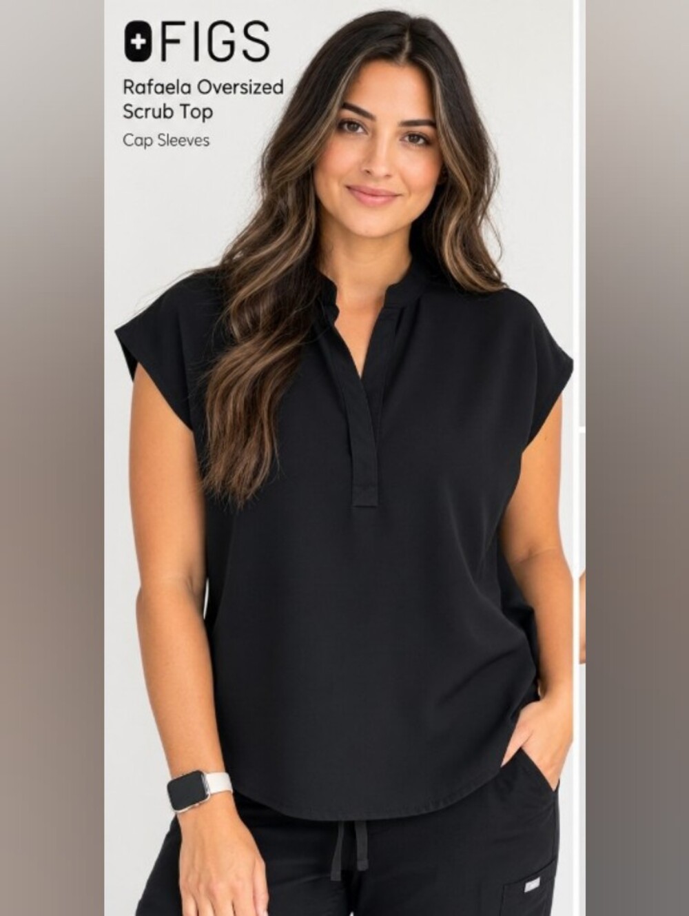 FIGS Rafaela Black Cap-Sleeve Split-Neck Scrub Top Nurse